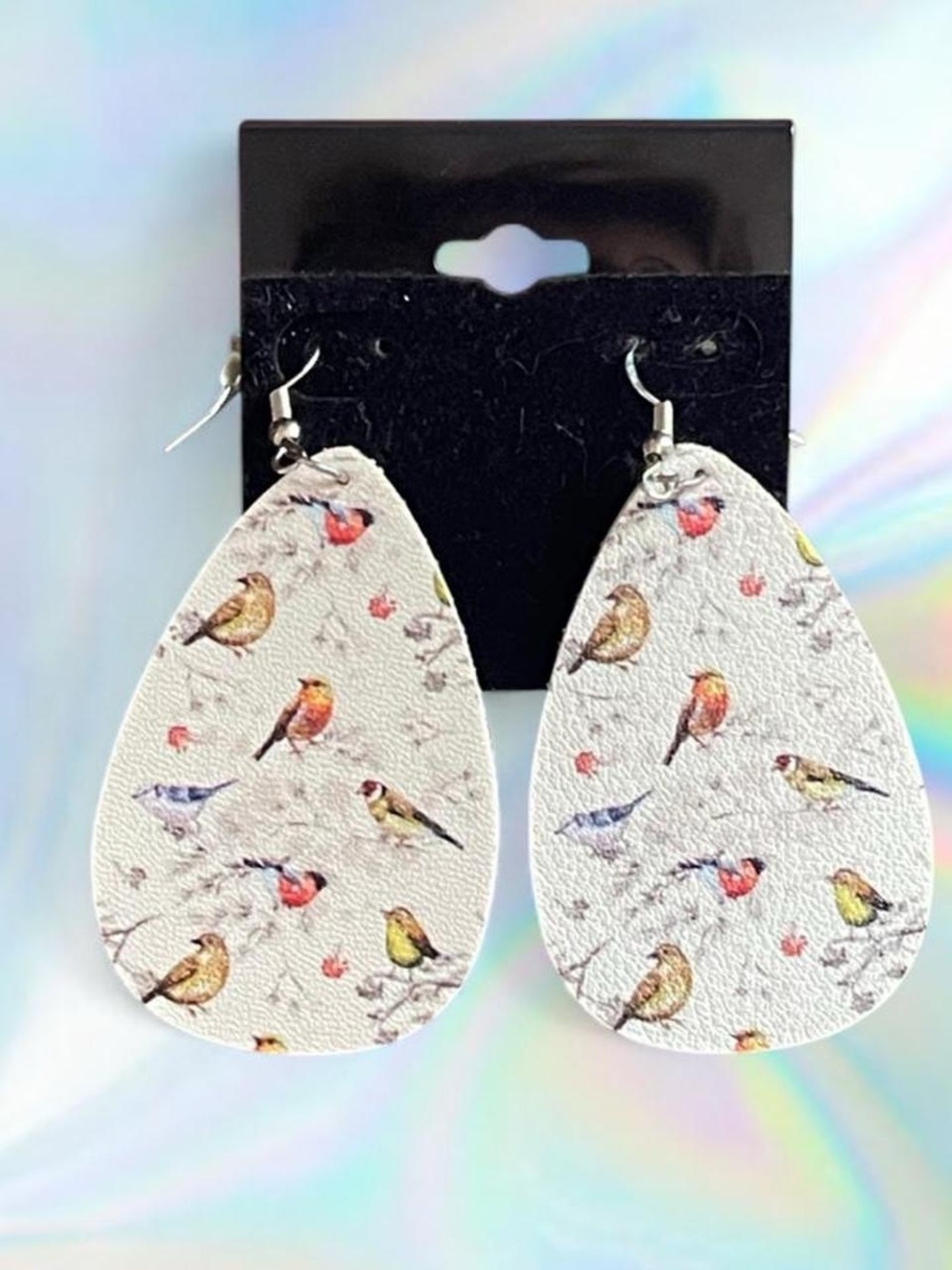 Source Unknown White Teardrop Earrings with Multicolor Bird Print